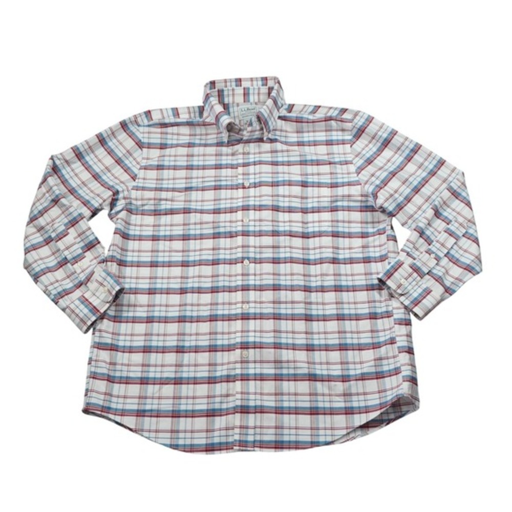 L.L. Bean Men's 16.5 32 Plaid Button Down Shirt Slightly Fitted Red Blue Career
